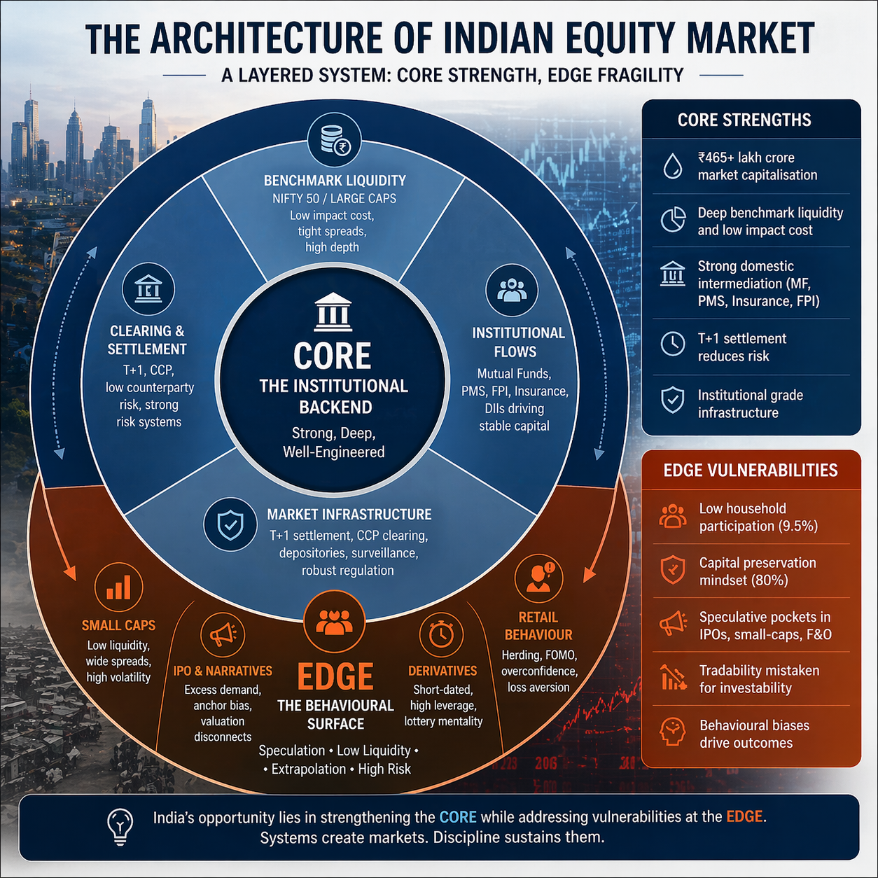 Indian equity market scale: market capitalisation, demat accounts, mutual-fund AUM and SIP contributions laid out as a multi-panel dashboard snapshot of India's listed-equity system